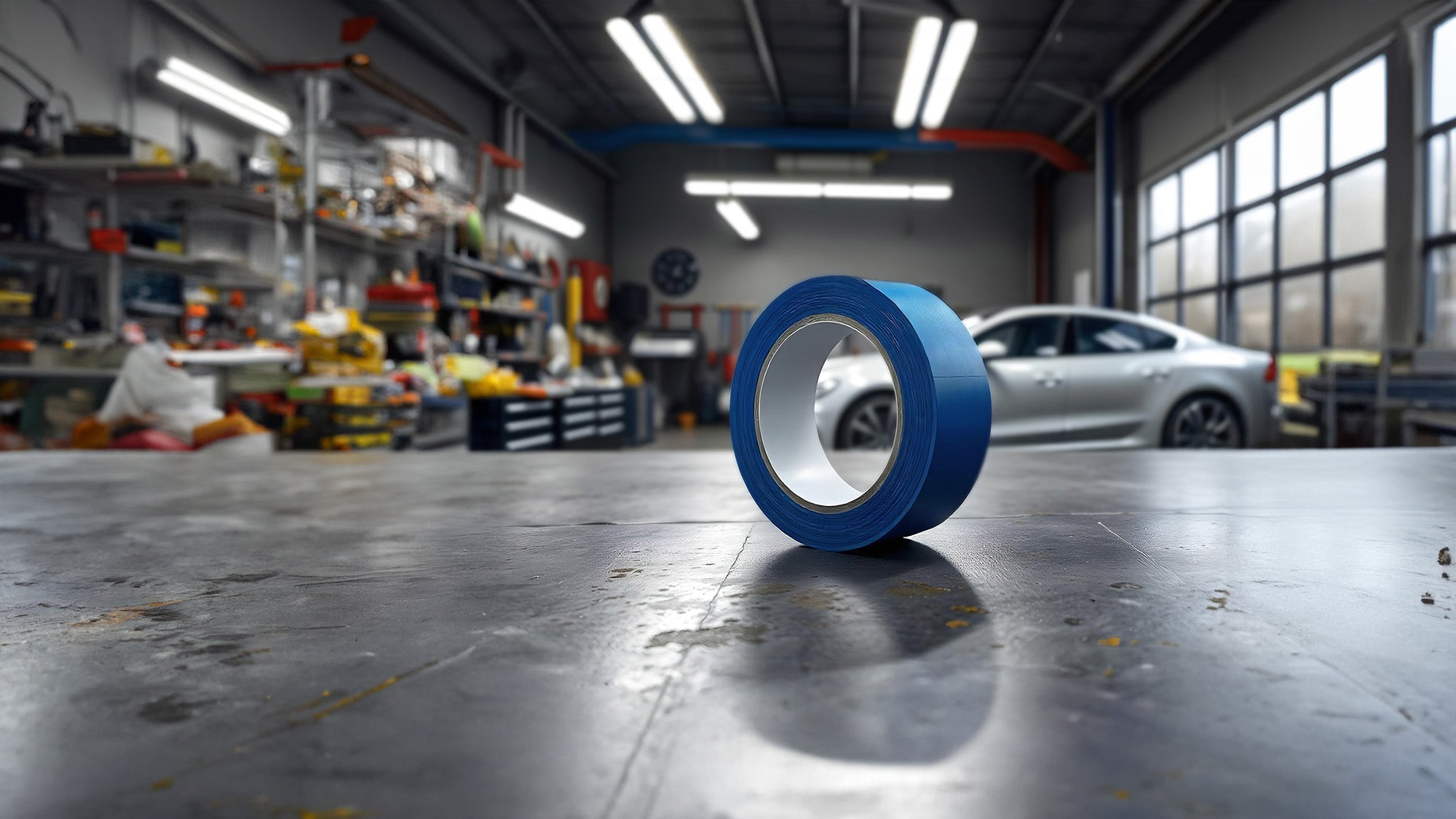 Blue masking tape in a mechanic workshop with silver car in the background