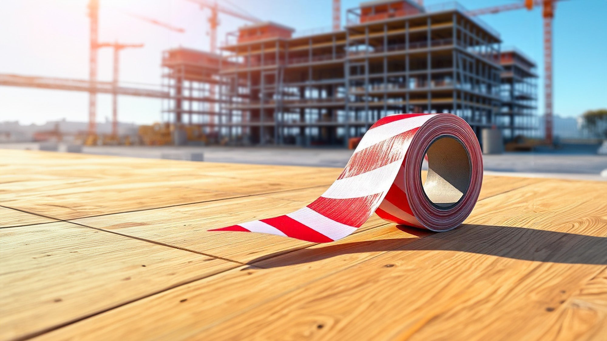 Red and white safety tape on a wooden workbench at a construction site with building structures and cranes in the background
