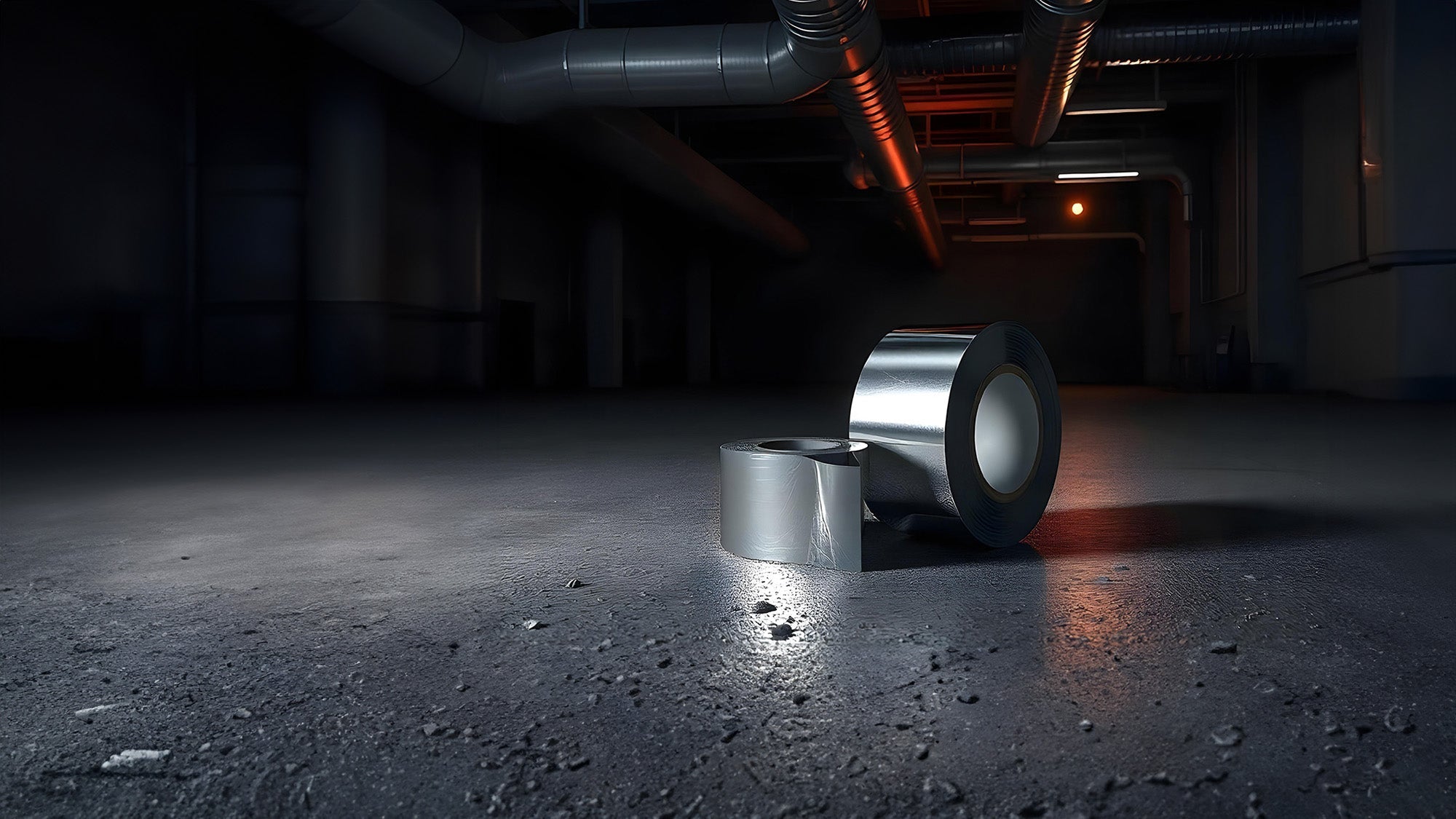 Silver foil inside industrial area with overhead ducting