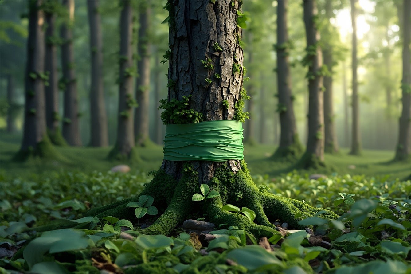 green adhesive tape wrapper around a tree in a green forest